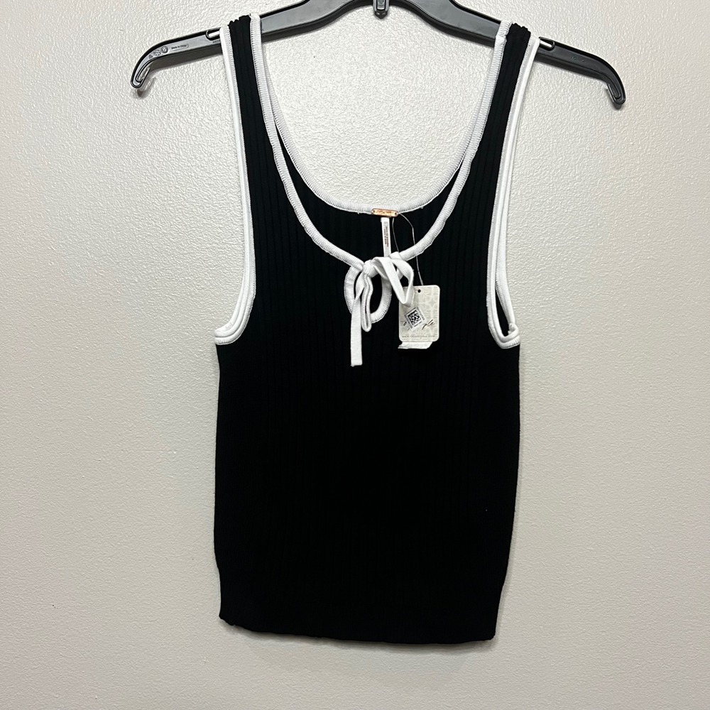 Free People Ribbed Tie Front Tank Top Black White Trim Boho Chic Women Medium
